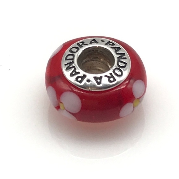 Pandora Red White Flower Murano Glass Retired Bead Charm - Picture 1 of 4